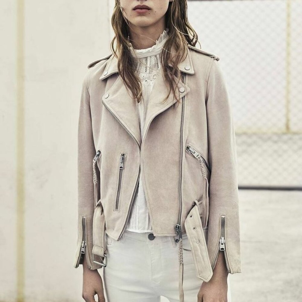 ALLSAINTS Balfern Suede Moto Jacket Oyster White Size 6